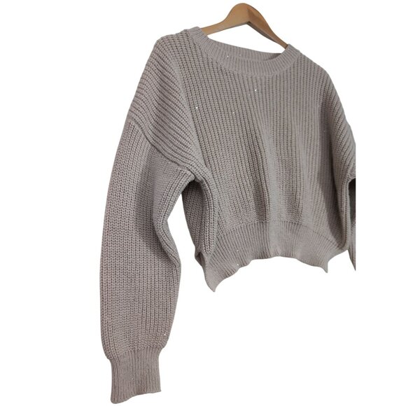 Debut Cropped Crewneck Sweater Womens S/M Beige Sequin Rib Knit Casual Everyday - Picture 3 of 9